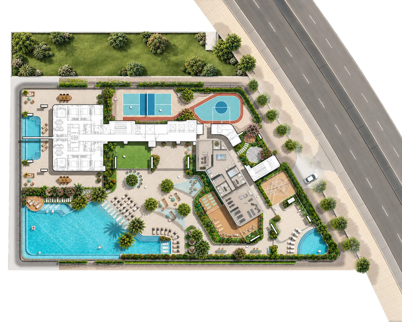 The Bay Interiors by Missoni Seaside Deck plan, first floor: beach pool, gym, wellness centre, courts and gardens
