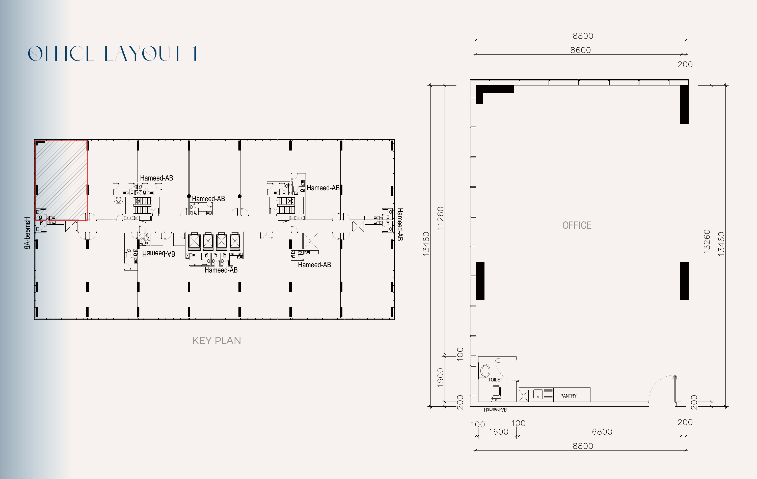 Tomorrow Commercial Tower office layout one — single-bay suite with key plan and dimensioned plan