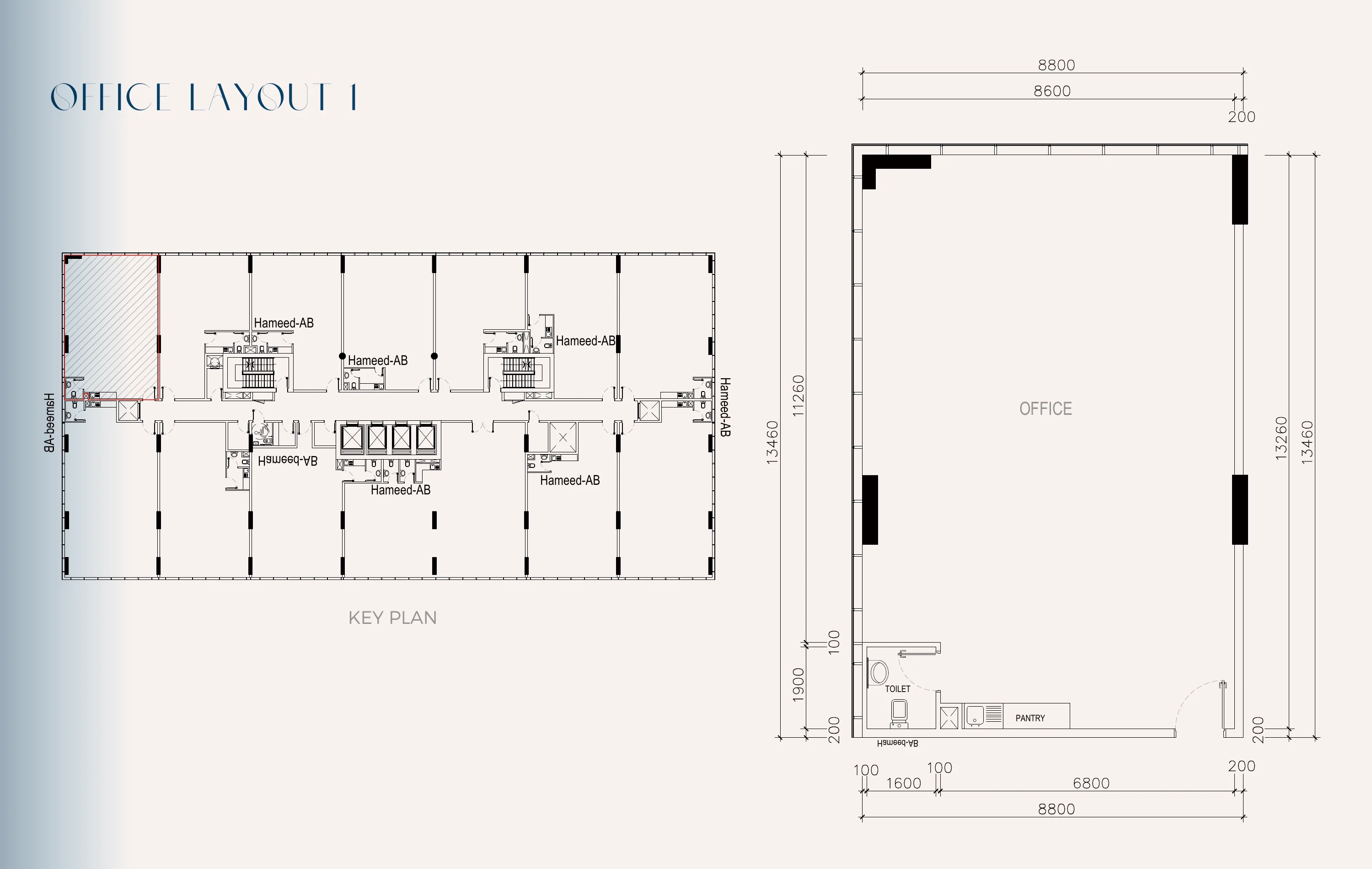 Tomorrow Commercial Tower office layout one — single-bay suite with key plan and dimensioned plan