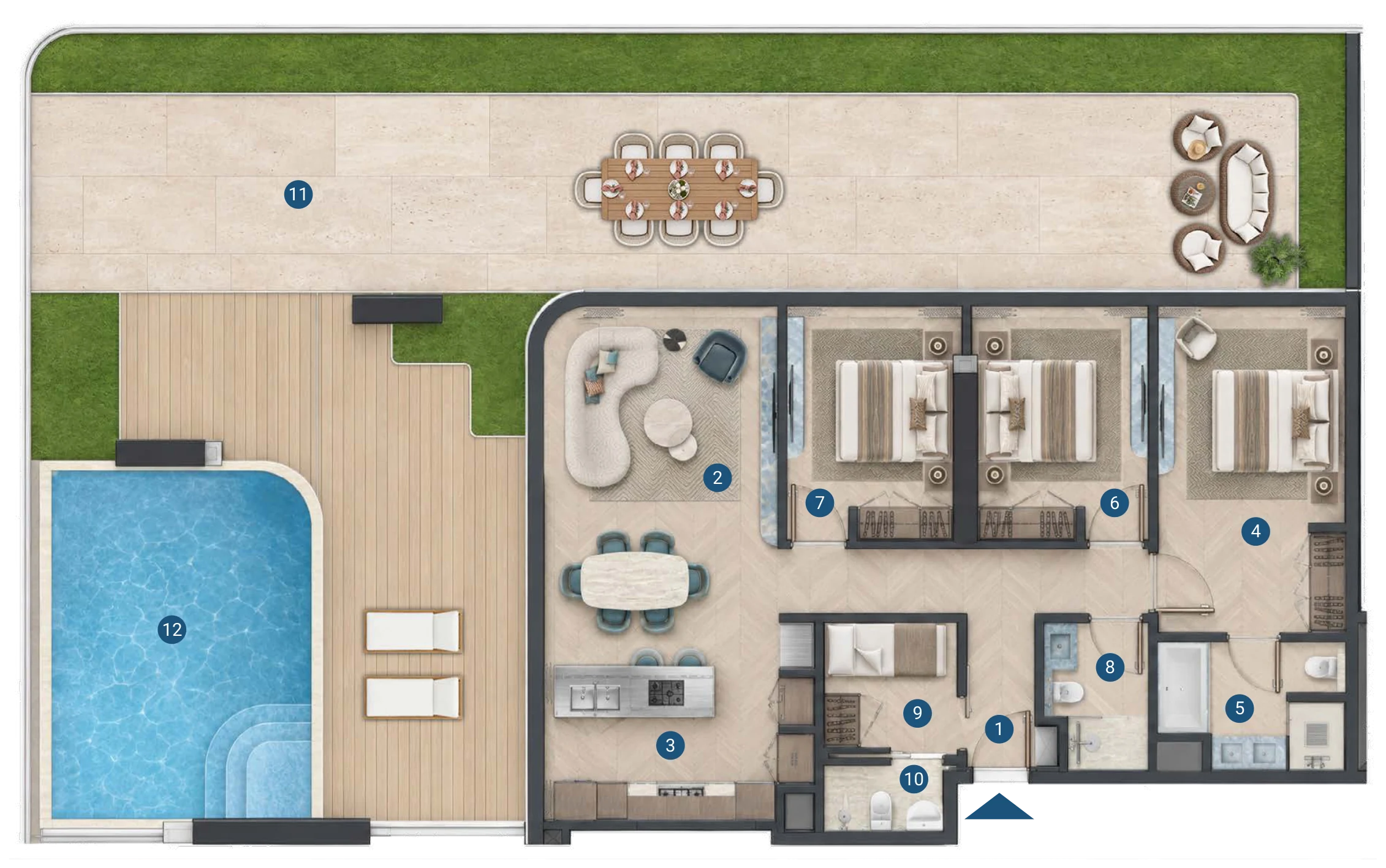 The Bay Interiors by Missoni three bedroom with pool layout, 1st floor, 3,142 sq ft in all, numbered as in the list