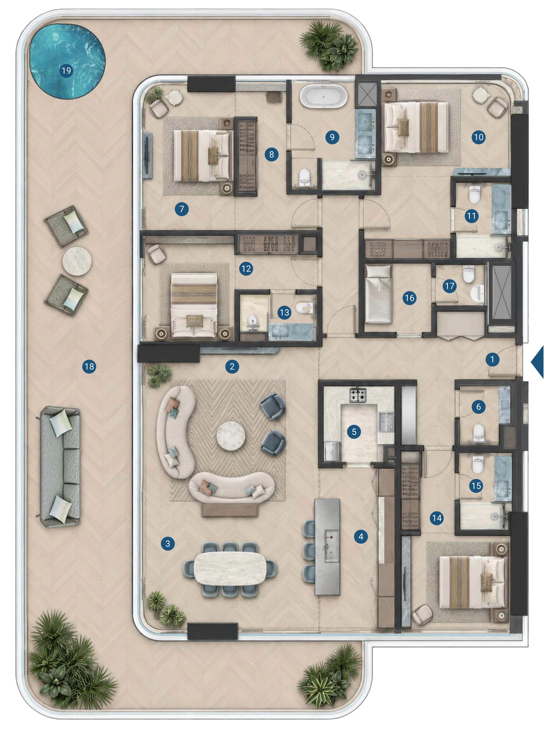 The Bay Interiors by Missoni four bedroom with pool type 2 layout, 14th floor, 3,542 sq ft in all, numbered as in the list