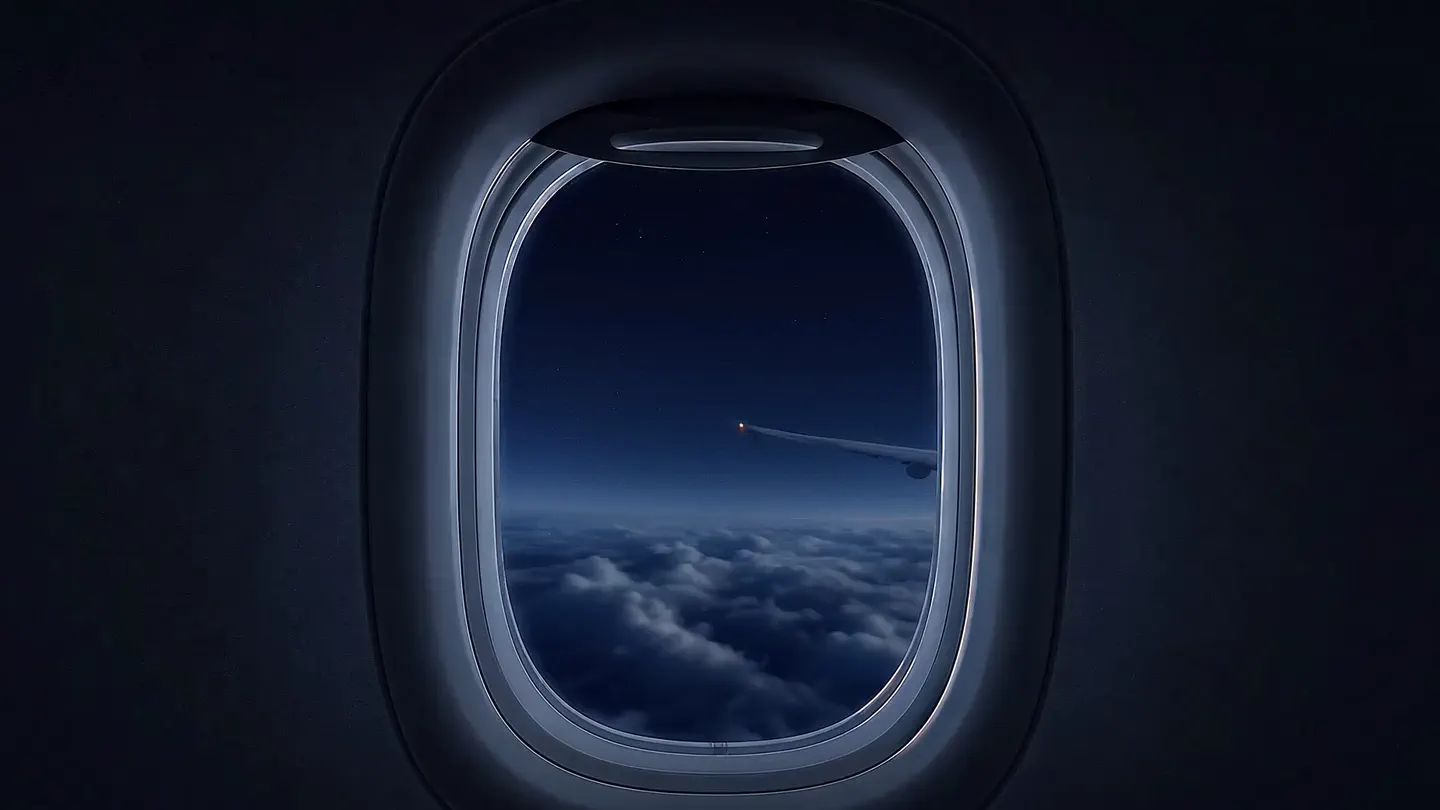 Night sky and clouds through an aircraft window